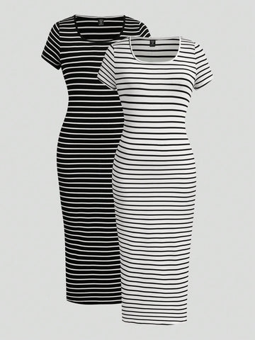 Rock the summer in style with our Plus Size Striped Long Dress Set! Featuring a trendy black, white, and gray design, this casual outfit will keep you looking effortlessly chic. Perfect for a day out or a relaxing evening, this dress set will have you feeling confident and comfortable.