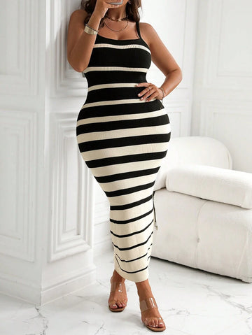 Plus Size Striped Long Fitted Knit Sweater Dress for Women - Stylish Autumn and Winter Fashion