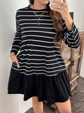 Turn heads this autumn with our Plus Size Striped Ruffle Hem Dress! Featuring a fun round neck and playful ruffle hem, this casual dress adds bounce and charm to your everyday look. The classic stripes mix comfort with style, perfect for cozy days out or relaxed gatherings. Embrace the season with a dress made to flatter and delight!
