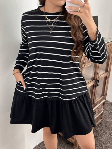 Turn heads this autumn with our Plus Size Striped Ruffle Hem Dress! Featuring a fun round neck and playful ruffle hem, this casual dress adds bounce and charm to your everyday look. The classic stripes mix comfort with style, perfect for cozy days out or relaxed gatherings. Embrace the season with a dress made to flatter and delight!