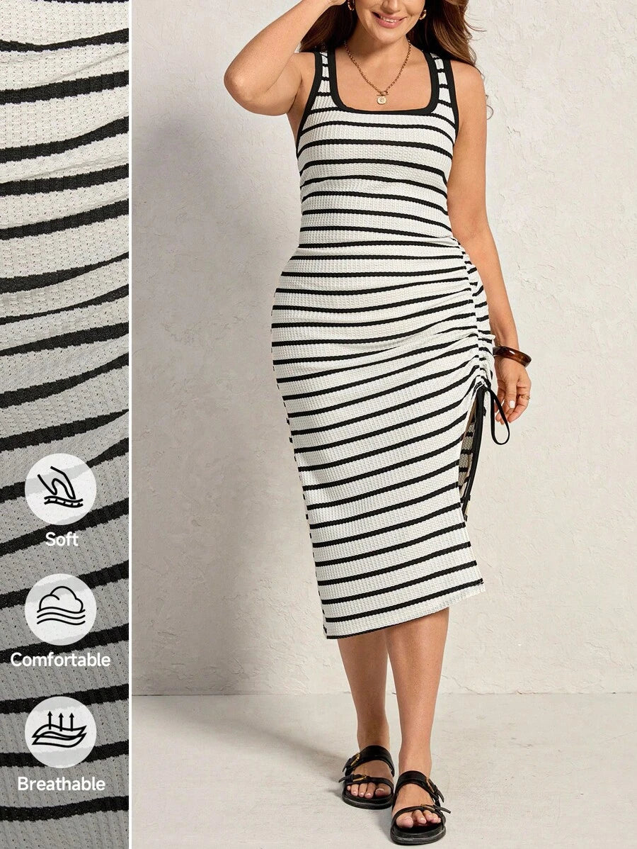 Step into summer with this playful Plus Size Striped Sleeveless Midi Dress. Designed for comfort and style, its breezy fabric keeps you cool, while the high slit adds a flirty touch to your casual look. Perfect for sunny days, this easy-to-wear dress brings effortless charm and moves with you from brunch to beachside strolls. Embrace fun, fashion, and freedom all in one flattering outfit!