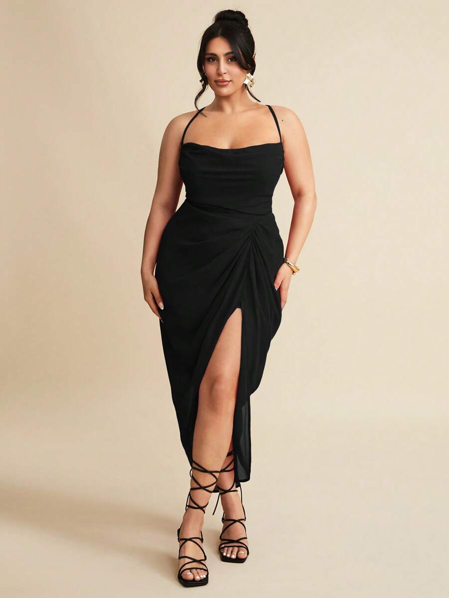 Step into summer with this playful plus size chiffon slip dress, designed to flatter every curve. The ruched detailing adds a touch of charm, while the daring split thigh brings a flirty edge. Lightweight and breezy, it’s your go-to choice for weddings or any sunny celebration where you want to shine effortlessly.