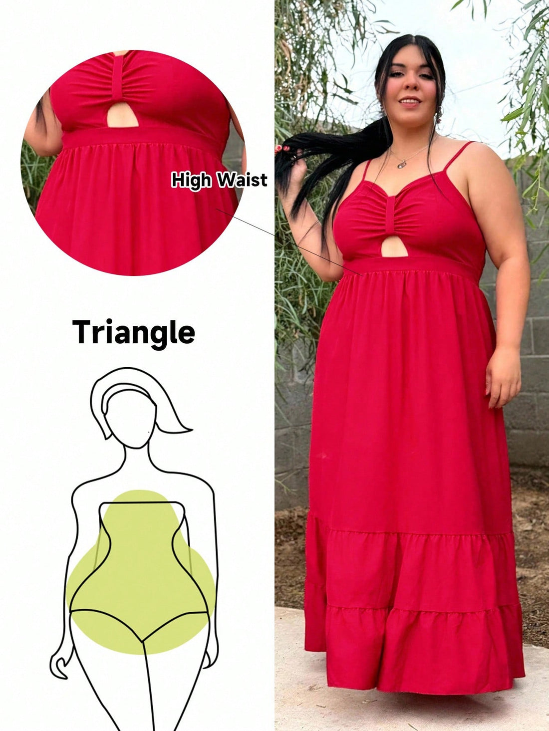 Celebrate the season in style with this fabulous plus-size maxi dress designed with pear-shaped figures in mind. The strategic cut-out details and playful ruffle accents create visual interest while the thin straps offer a delicate, feminine touch. Flowing fabric skims your curves beautifully, while the maxi length provides elegant coverage. Whether you're ringing in the New Year or enjoying summer soirées, this dress is your go-to for turning heads and feeling absolutely amazing. Comfort meets confidence i