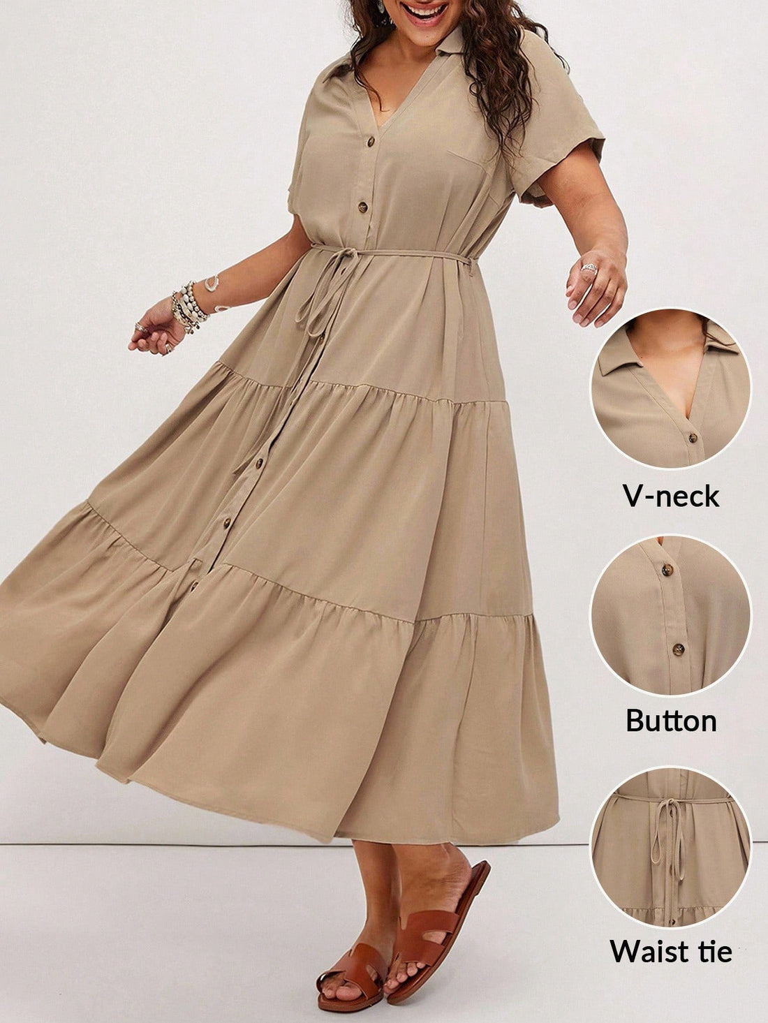 Embrace sunny days in this plus size summer dress featuring a playful ruffle hem and charming front buttons. Its flowy design keeps you cool and comfortable, while the stylish details make it a go-to for brunch, church, or a special Mother's Day celebration. Effortlessly cute and breezy, it’s your new favorite for warm-weather gatherings!