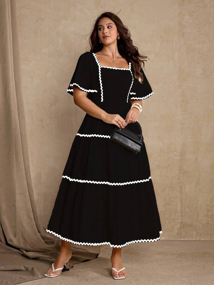 Shop a chic plus size summer dress with patchwork details and a ruffle hem. Perfect for casual days, brunch, vacations, shopping, and weekend outings.