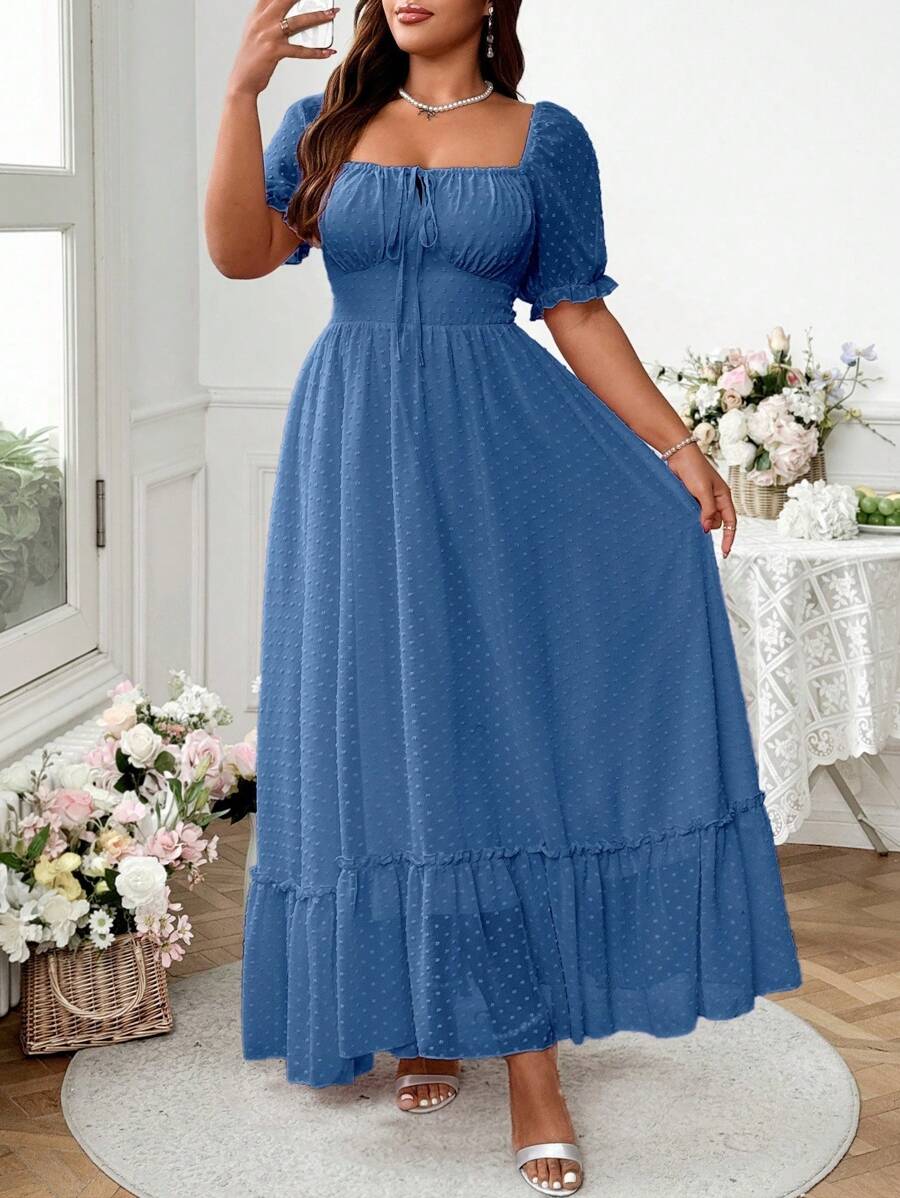 Plus Size Sweet Romantic Pink Long Dress with Square Neck and Ruffle H   Canary Houze