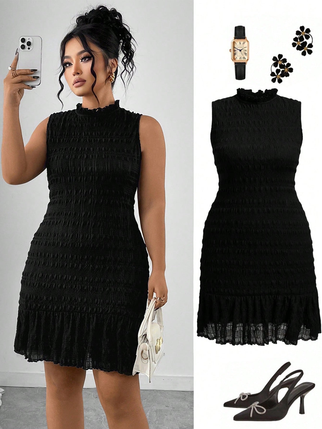 Elevate your wardrobe with this stunning plus-size sleeveless dress that's ready for anything! The textured jacquard fabric adds sophisticated dimension, while the charming ruffle hem brings playful movement and flair. Whether you're heading out on a date night or celebrating at a party, this versatile piece transitions effortlessly from casual to dressed-up. The sleeveless design keeps things cool and comfortable, making it perfect for year-round styling. Pair it with heels for glamour or sneakers for a la