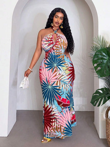 Front view of plus size tropical print maxi dress - sleeveless halter tie front for boho beach vacations and summer weddings with maxi dress silhouette, tropical print, plus size fit for summer casual wear