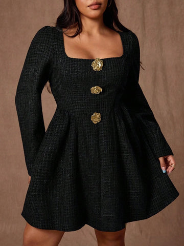 Shein |Plus Size Women Floral Print Square Neck Long Sleeve Waist Ruched Elegant Dress For Dates And Parties, Autumn/Winter Shein |Plus Size Women Floral Print Square Neck Long Sleeve Waist Ruched Elegant Dress For Dates And Parties, Autumn/Winter