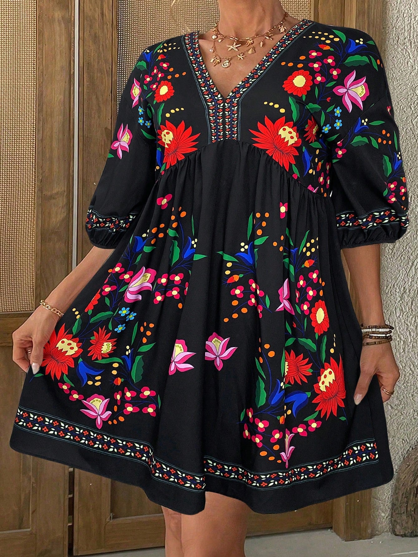 Embrace sunny days in this playful plus size V-neck dress, bursting with vibrant floral prints that capture the carefree spirit of spring and beach vibes. Its breezy boho style offers comfort and flair, perfect for casual outings or seaside strolls. Feel confident and effortlessly chic wherever you go!