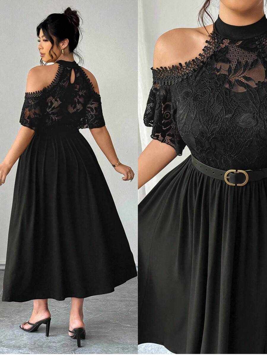 Elevate your wardrobe with this fabulous plus-size dress that's equal parts chic and comfy! The flattering V-neckline draws the eye upward, while delicate lace patchwork adds texture and visual interest. Playful ruffles at the hem bring movement and personality to every step. Whether you're lounging on a beach getaway or dancing the night away at a party, this ankle-length beauty works overtime. The thoughtful design celebrates curves with confidence, making you feel amazing in every moment. Dress it up wit