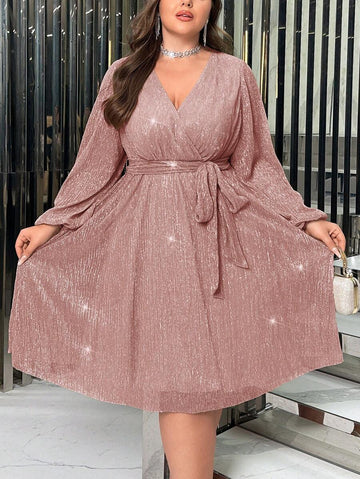 Plus Size V-Neck Lantern Sleeve Belted Dress for Stylish Comfort