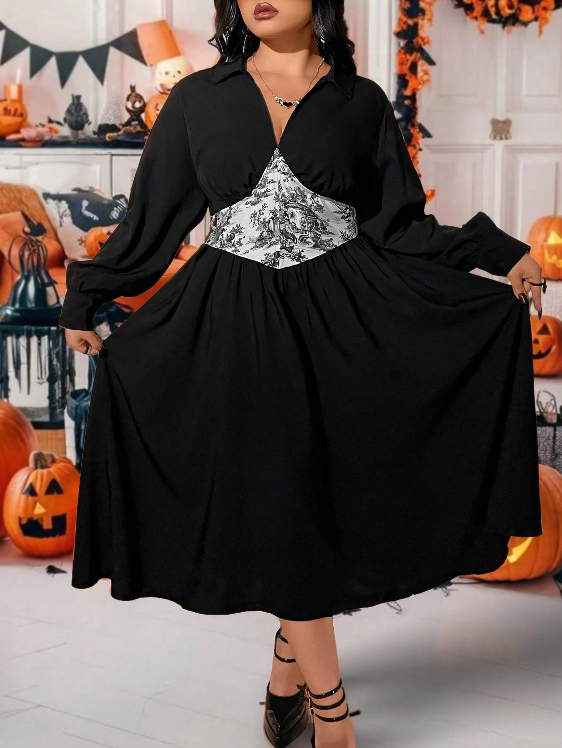 Get ready to turn heads in this plus size V-neck long sleeve colorblock dress! The elegant black design is perfect for Halloween or any casual occasion. Stand out from the crowd and embrace your curves with this stylish and comfortable dress.
