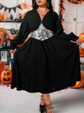 Get ready to turn heads in this plus size V-neck long sleeve colorblock dress! The elegant black design is perfect for Halloween or any casual occasion. Stand out from the crowd and embrace your curves with this stylish and comfortable dress.