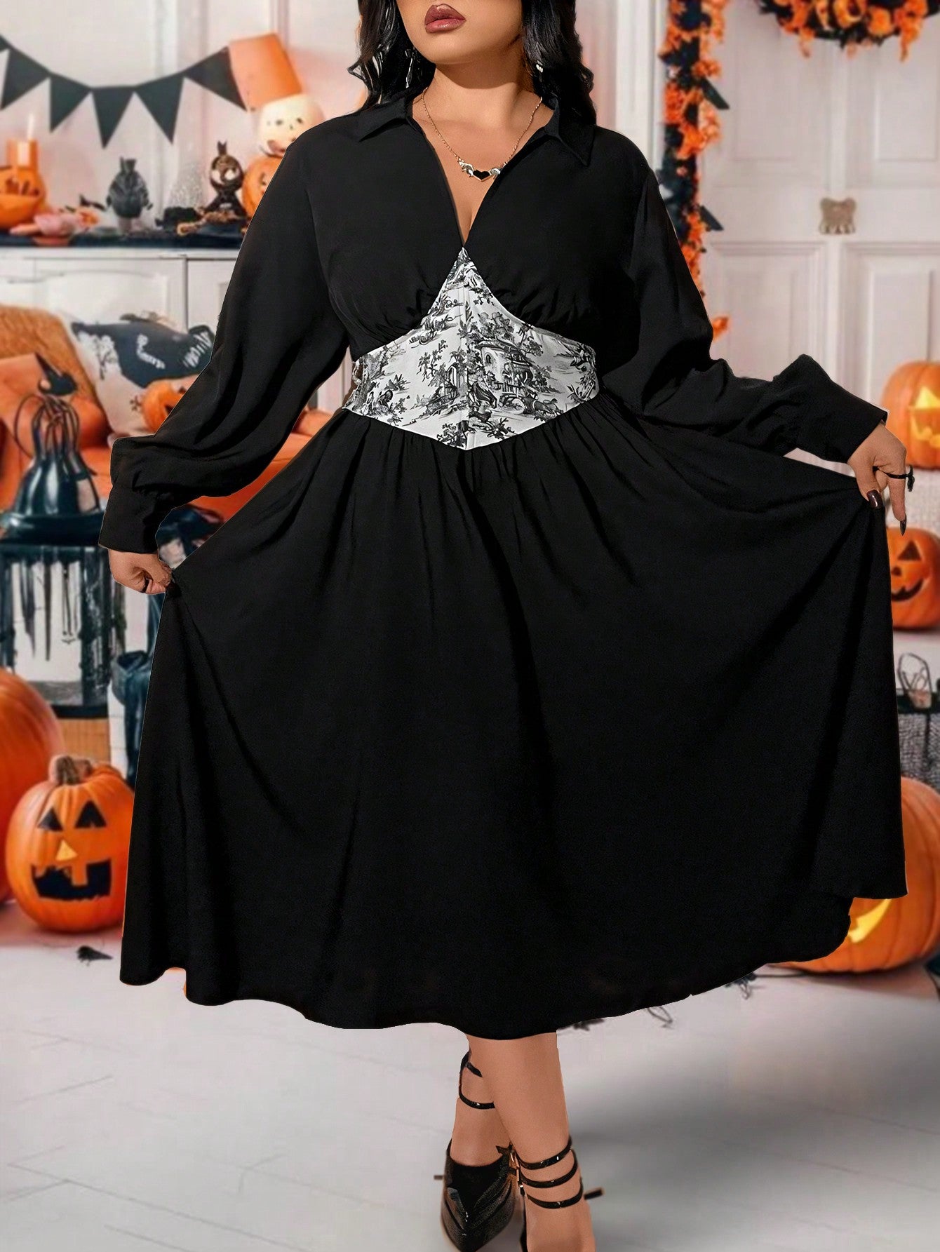 Get ready to turn heads in this plus size V-neck long sleeve colorblock dress! The elegant black design is perfect for Halloween or any casual occasion. Stand out from the crowd and embrace your curves with this stylish and comfortable dress.