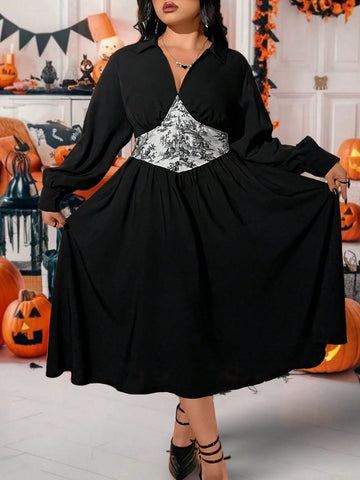 Get ready to turn heads in this plus size V-neck long sleeve colorblock dress! The elegant black design is perfect for Halloween or any casual occasion. Stand out from the crowd and embrace your curves with this stylish and comfortable dress.