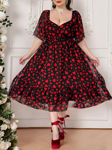 This boho dress for plus size ladies is the perfect addition to your summer wardrobe. The sweetheart neck and ruffle sleeves add a touch of romanticism, while the heart print and tie waist bring a playful touch. Get ready to turn heads on Valentine's Day (and any other day) with this eye-catching dress.