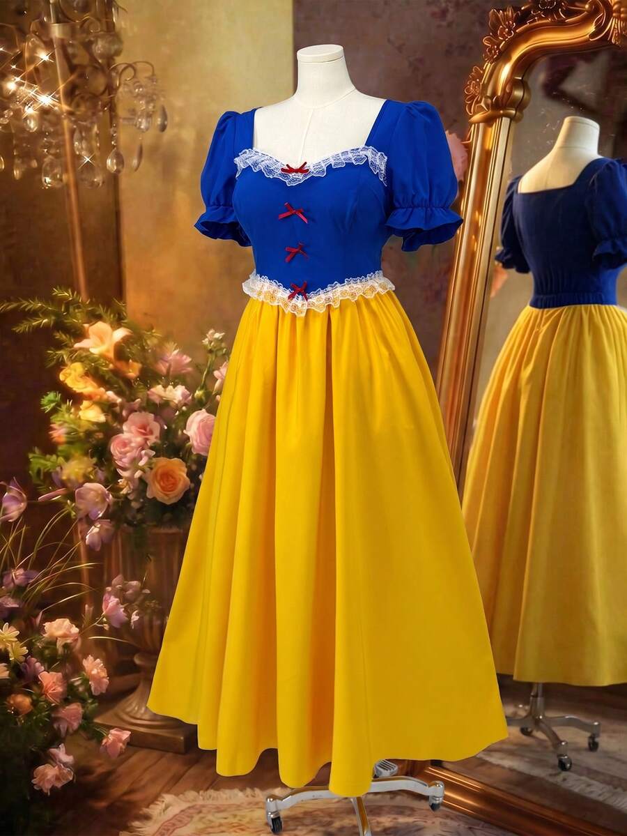Full front view of blue and yellow princess maxi dress with puff sleeves and red bows