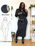 Embrace your curves with confidence in this chic black bodycon midi dress, expertly designed for pear-shaped figures. The long sleeves provide warmth and coverage while the fitted silhouette celebrates your natural shape. Perfect for casual hangouts or party nights, this versatile piece transitions seamlessly from day to evening. The midi length offers a sophisticated touch without compromising comfort. Available in plus sizes, it's the dress that finally gets you—flattering where it counts and fabulous all
