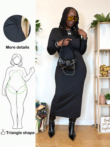 Embrace your curves with confidence in this chic black bodycon midi dress, expertly designed for pear-shaped figures. The long sleeves provide warmth and coverage while the fitted silhouette celebrates your natural shape. Perfect for casual hangouts or party nights, this versatile piece transitions seamlessly from day to evening. The midi length offers a sophisticated touch without compromising comfort. Available in plus sizes, it's the dress that finally gets you—flattering where it counts and fabulous all