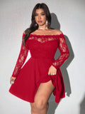 Turn heads with this playful plus size off-shoulder mini dress featuring delicate lace and charming ruffle trim. The fitted silhouette and long sleeves create a flirty yet elegant look perfect for any occasion where you want to feel confident and fun.