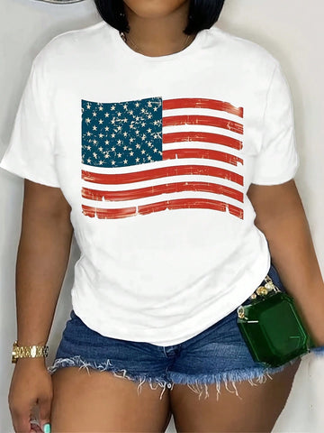Celebrate summer in style with this playful plus size women's T-shirt featuring a vibrant American flag butterfly print. Its casual crew neck and short sleeves keep you cool and comfy all day long, perfect for sunny adventures or relaxed weekends. Embrace your patriotic spirit with a fun twist!