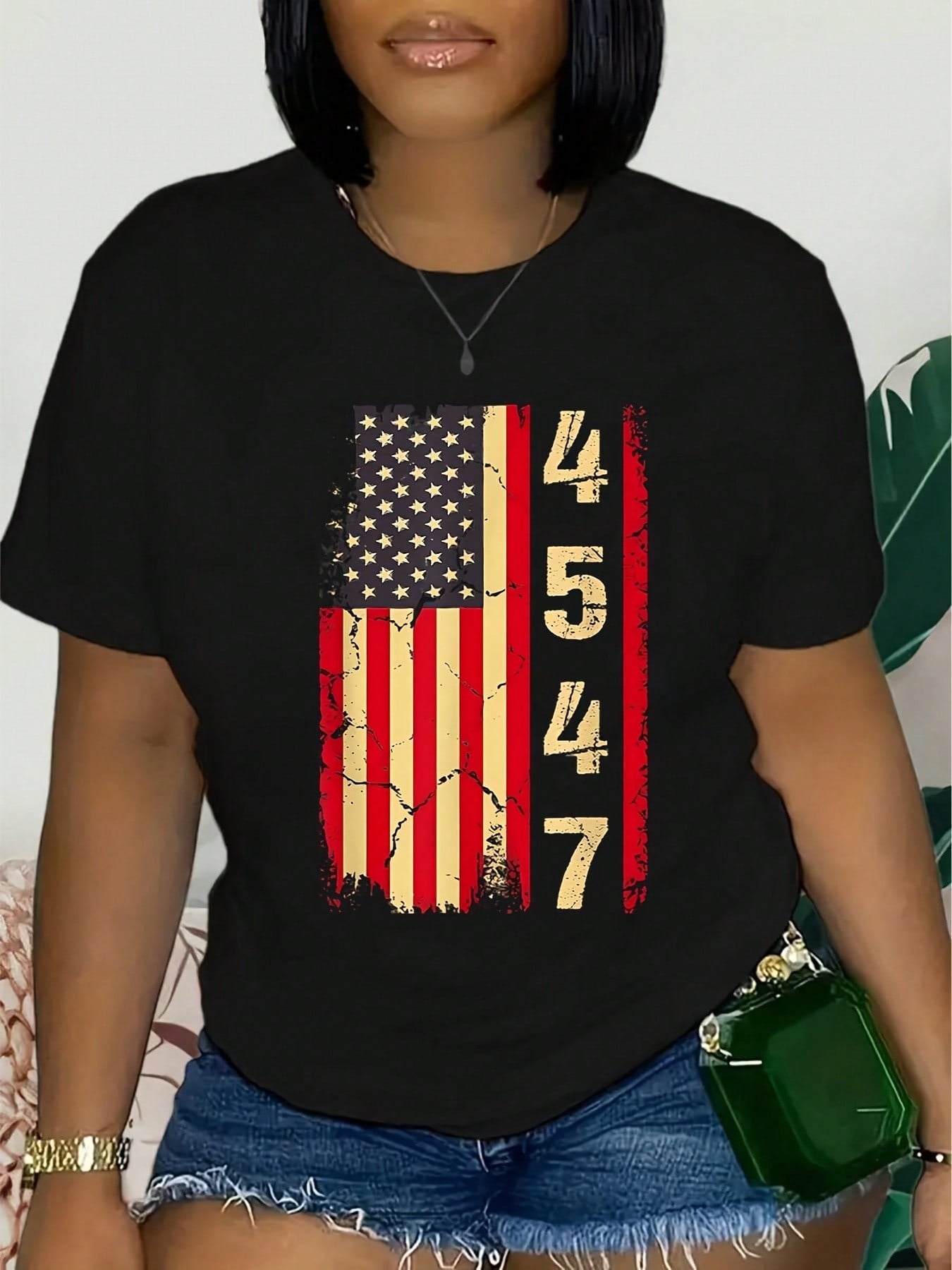 Celebrate summer in style with this playful plus size women's T-shirt featuring a vibrant American flag butterfly print. The casual crew neck design offers comfort and ease, perfect for sunny days and laid-back outings. Made to flatter and fit comfortably, this tee adds a fun, patriotic twist to your warm-weather wardrobe.