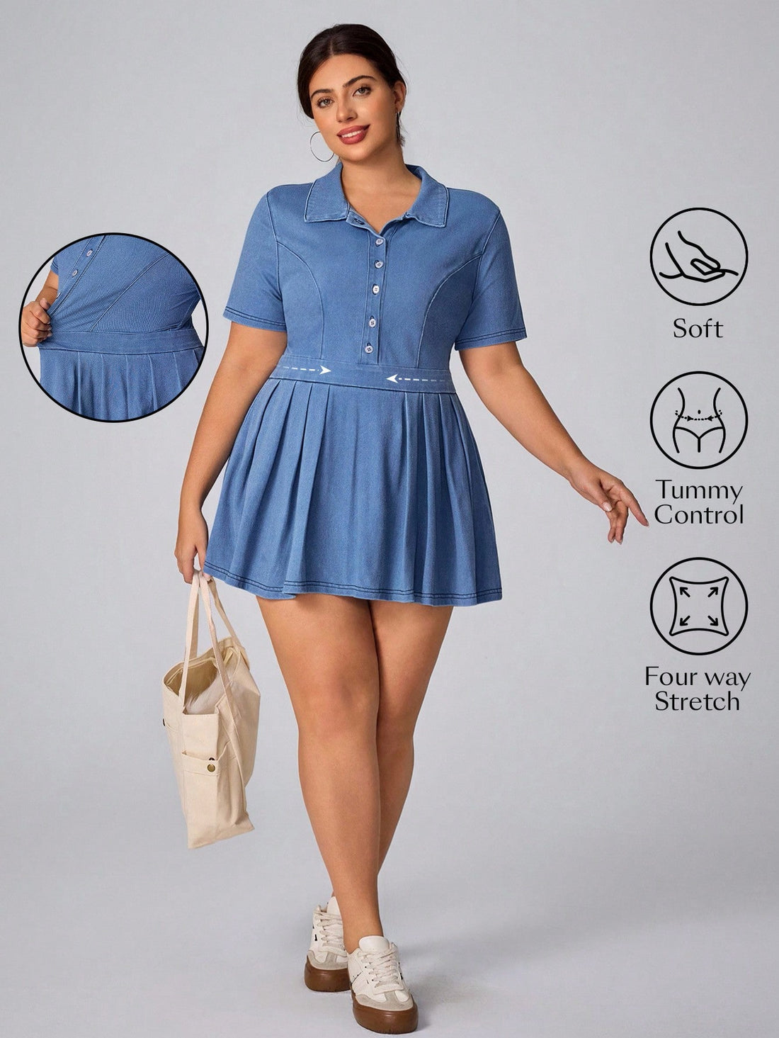 Step into comfort and style with this plus size mid blue denim dress. Crafted from soft fabric, it’s perfect for laid-back vacation days or casual outings. The easy fit and playful color make it a go-to choice when you want to feel relaxed yet effortlessly chic wherever you wander.