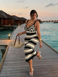 front full view of colorblock striped sleeveless knit midi dress