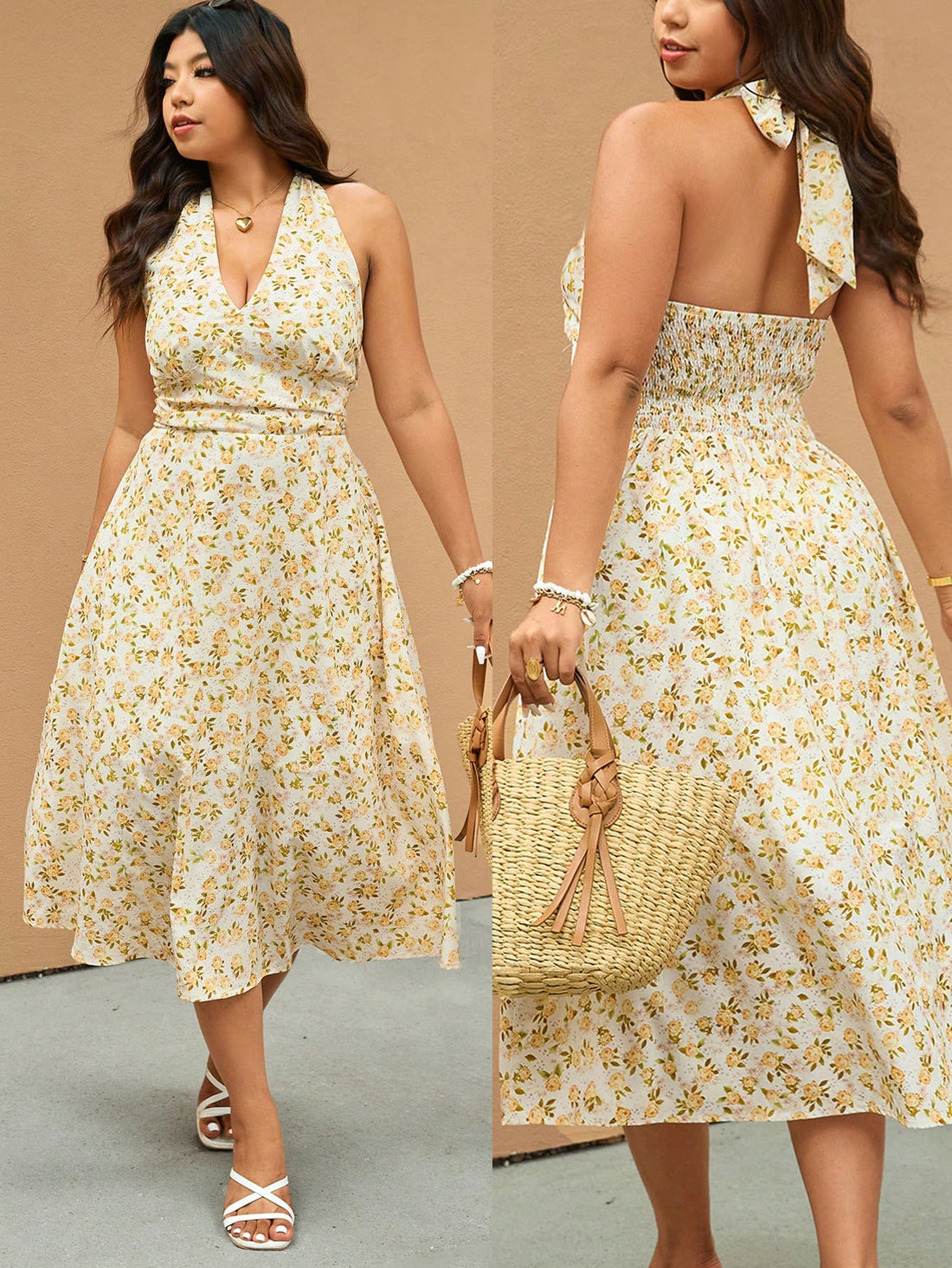 Embrace sunny days in this playful plus size ditsy floral halter dress, perfect for your next vacation escape. Its breezy design and flattering halter neckline keep you cool and comfortable, while the charming floral print adds a touch of fun to your getaway wardrobe. Easy to dress up or down, this dress is your go-to for effortless, relaxed style wherever you wander.