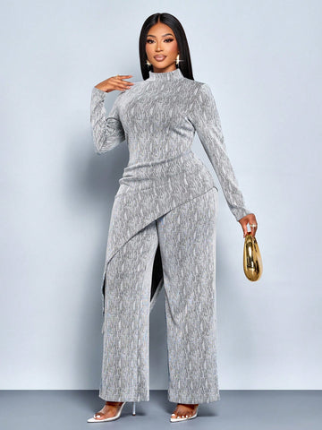 Stay cozy without sacrificing style in this fabulous plus-size set! The soft fleece top features a chic asymmetrical hem and ribbed detailing for a modern silhouette, while the flared pants add a fun, retro-inspired vibe. Perfect for layering through winter or wearing solo on milder days, this dynamic duo keeps you warm, comfortable, and absolutely fashion-forward. Embrace your curves and make a statement!