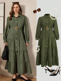 Step out in style and comfort with this playful plus size long sleeve shirt dress in a fresh green hue. The elegant ruffle hem adds a flirty twist, while its casual fit keeps you feeling relaxed all day. Perfect for fall outings or office days, it brings effortless chic to your wardrobe with a fun, feminine flair.