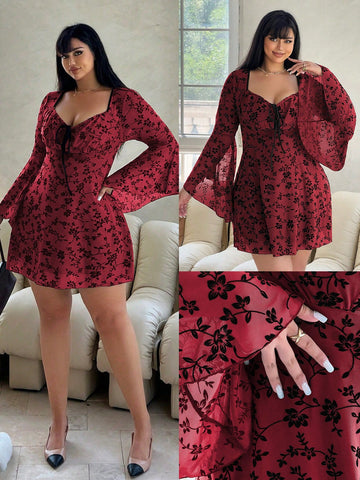 Elevate your style with our Plus Size Women's Floral Flocked Print Flare Sleeve Dress! Embrace fashion and elegance with this unique piece. Perfect for any occasion, this dress features a bold floral print and fashionable flare sleeves. Stand out from the crowd with this playful and stylish dress.