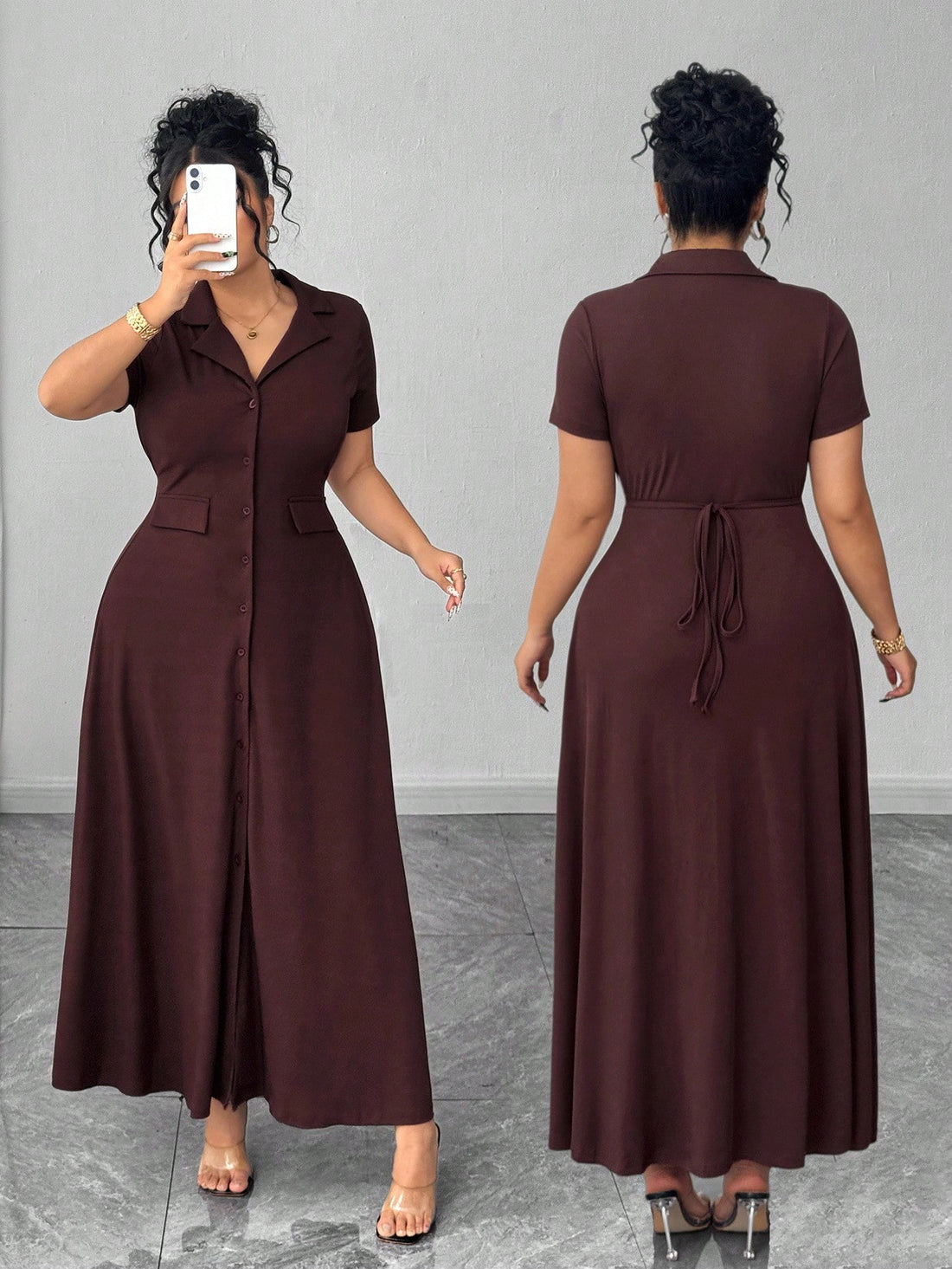 Elevate your everyday wardrobe with this chic brown knit dress that's as practical as it is polished. The classic polo collar adds a touch of preppy charm, while the cinched waist creates a flattering silhouette that celebrates your curves. Crafted from soft, comfortable knit fabric, it's the ultimate commuter essential—dress it up with heels for the office or keep it casual with sneakers for weekend errands. Versatile, comfortable, and undeniably stylish, this dress proves that looking put-together doesn't