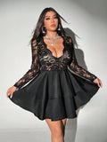 Step into the Halloween spotlight with this playful plus size lace mini dress! Featuring a flattering V-neck and long sleeves, it combines elegance with a hint of mystery. Perfect for dancing the night away or making a bold statement at any spooky celebration. Embrace your curves and celebrate in style!