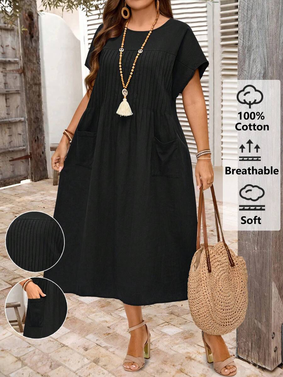 This plus size navy blue casual dress blends comfort and style, making it an ideal choice for summer vacations. Crafted with thoughtfully designed pockets, it offers practical storage without compromising its flattering fit. The breathable fabric ensures ease of movement and keeps you cool, while the timeless navy hue adds versatility for effortless pairing with accessories or footwear. Perfect for relaxed days or casual outings, this dress supports both comfort and confidence in warmer weather.
