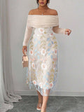 Embrace your curves in this stunning plus-size dress that's equal parts elegant and fun! The off-shoulder neckline shows just the right amount of skin, while delicate embroidered mesh panels add texture and visual interest. Patchwork details create a unique, artsy vibe, and the pleated skirt offers flattering movement and dimension. Long sleeves keep things sophisticated without sacrificing style. Perfect for date nights, special occasions, or whenever you want to feel fabulous and fashion-forward. This dre