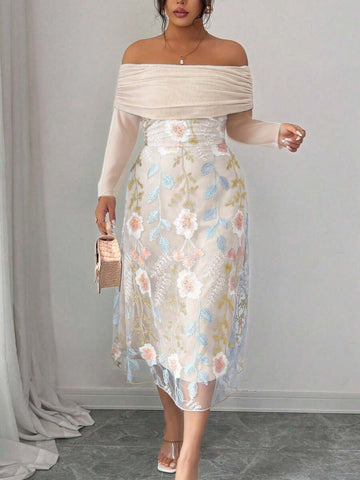 Embrace your curves in this stunning plus-size dress that's equal parts elegant and fun! The off-shoulder neckline shows just the right amount of skin, while delicate embroidered mesh panels add texture and visual interest. Patchwork details create a unique, artsy vibe, and the pleated skirt offers flattering movement and dimension. Long sleeves keep things sophisticated without sacrificing style. Perfect for date nights, special occasions, or whenever you want to feel fabulous and fashion-forward. This dre