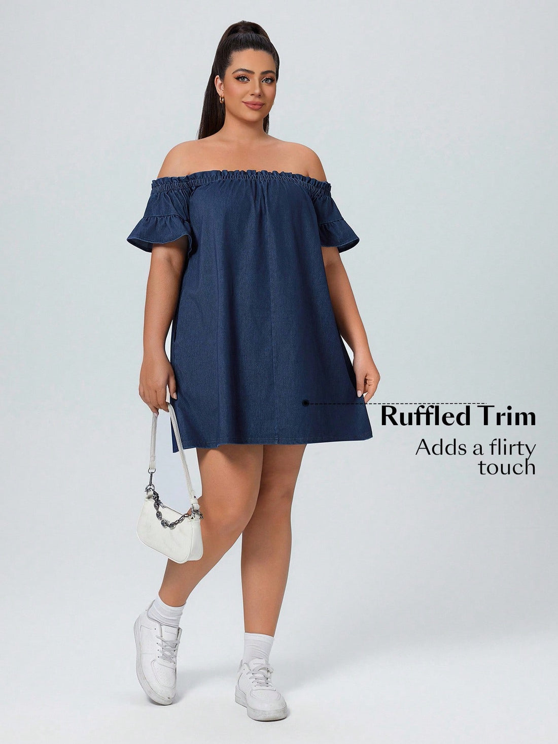Turn heads effortlessly in this Plus Size Off-The-Shoulder Ruched Denim Dress. Its playful ruffles and comfy loose fit make it perfect for carefree vacation days or casual outings. The ruched detail adds a flirty touch, while the denim fabric keeps it cool and easy to wear. Embrace your curves with style and comfort all in one!