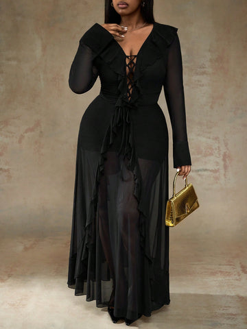 Turn heads at your next night out in this stunning plus-size dress that perfectly blends sass and sophistication. The sheer black fabric creates an alluring silhouette, while delicate lace-up detailing adds an edgy touch of intrigue. A flirty ruffle hem keeps things playful and fun, giving you movement with every step. Whether you're hitting the dance floor or enjoying an intimate dinner date, this dress delivers confidence and style in all the right ways. Designed for curves, crafted for compliments.