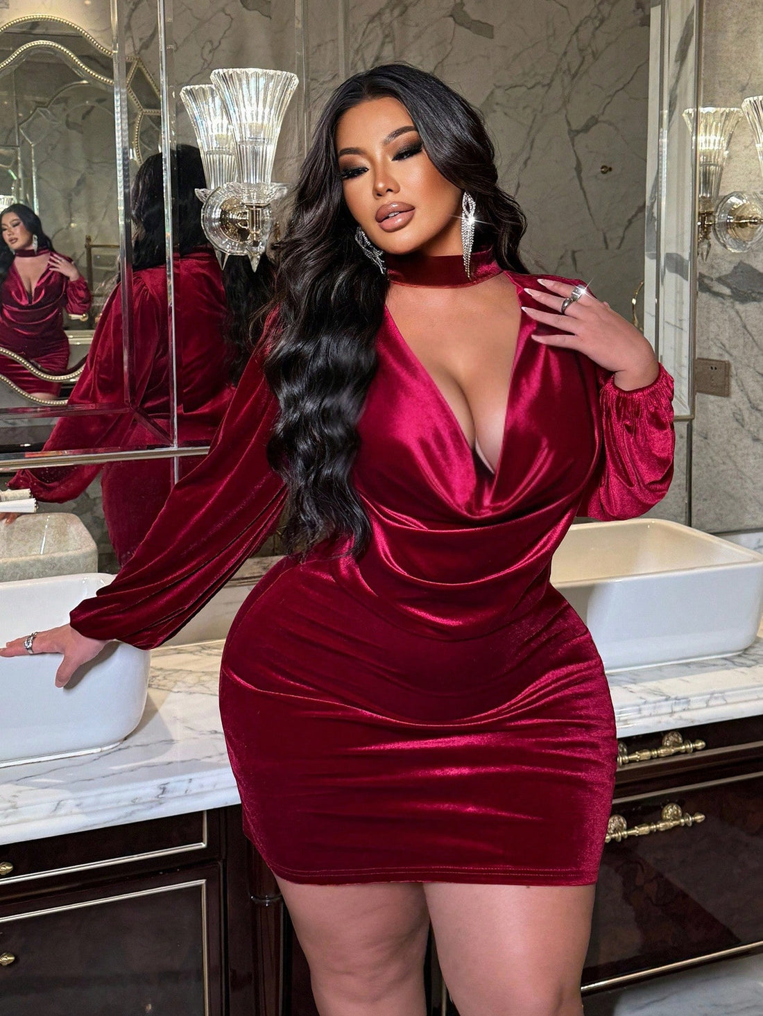 Turn heads at every party with this plus size velvet bodycon dress featuring a deep draped neckline that adds a dash of daring elegance. Designed for fall, its rich texture and flattering fit hug your curves beautifully, making you the star of the night. Feel confident, cozy, and irresistibly chic all evening long!