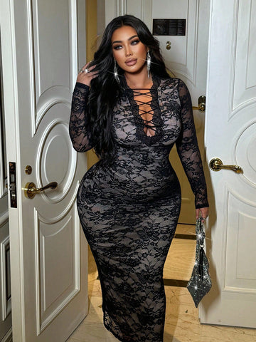 Feel fabulous and flirty in this plus size sheer lace party dress, designed to turn heads at any night out. Delicate floral trim adds a touch of charm, while the playful bow tie accentuates your waist for a flattering fit. Perfect for special occasions when you want to feel confident and stylish with a hint of sexy allure.