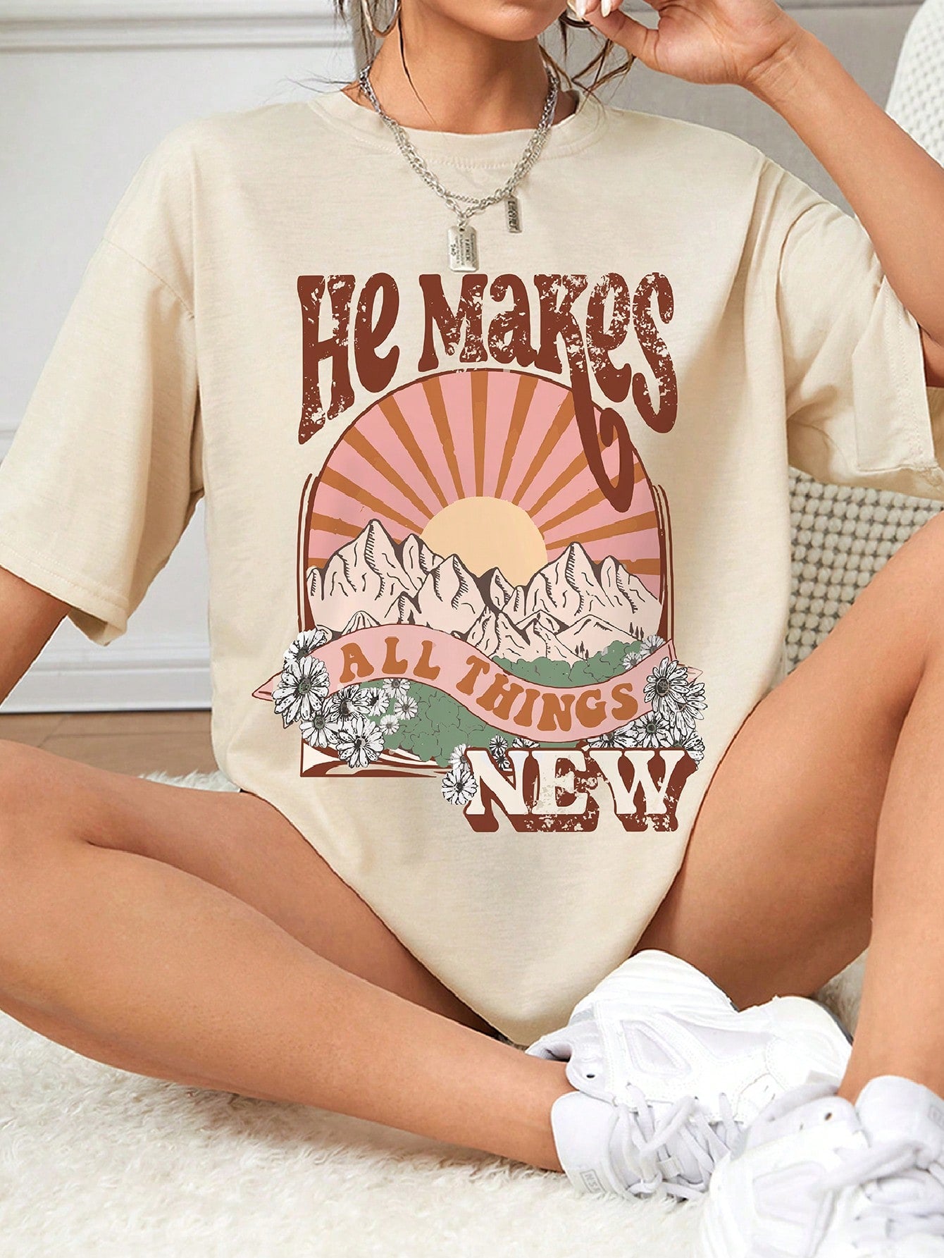 Express your faith with style in this playful Plus Size Women's Graphic Tee. The uplifting "He Makes All Things NEW" slogan adds a pop of inspiration to your casual wardrobe. Comfortable short sleeves and a relaxed fit make this T-shirt perfect for everyday wear, whether you're running errands or meeting friends for coffee. Pair with your favorite jeans for an effortlessly cute look that speaks volumes about what matters to you!