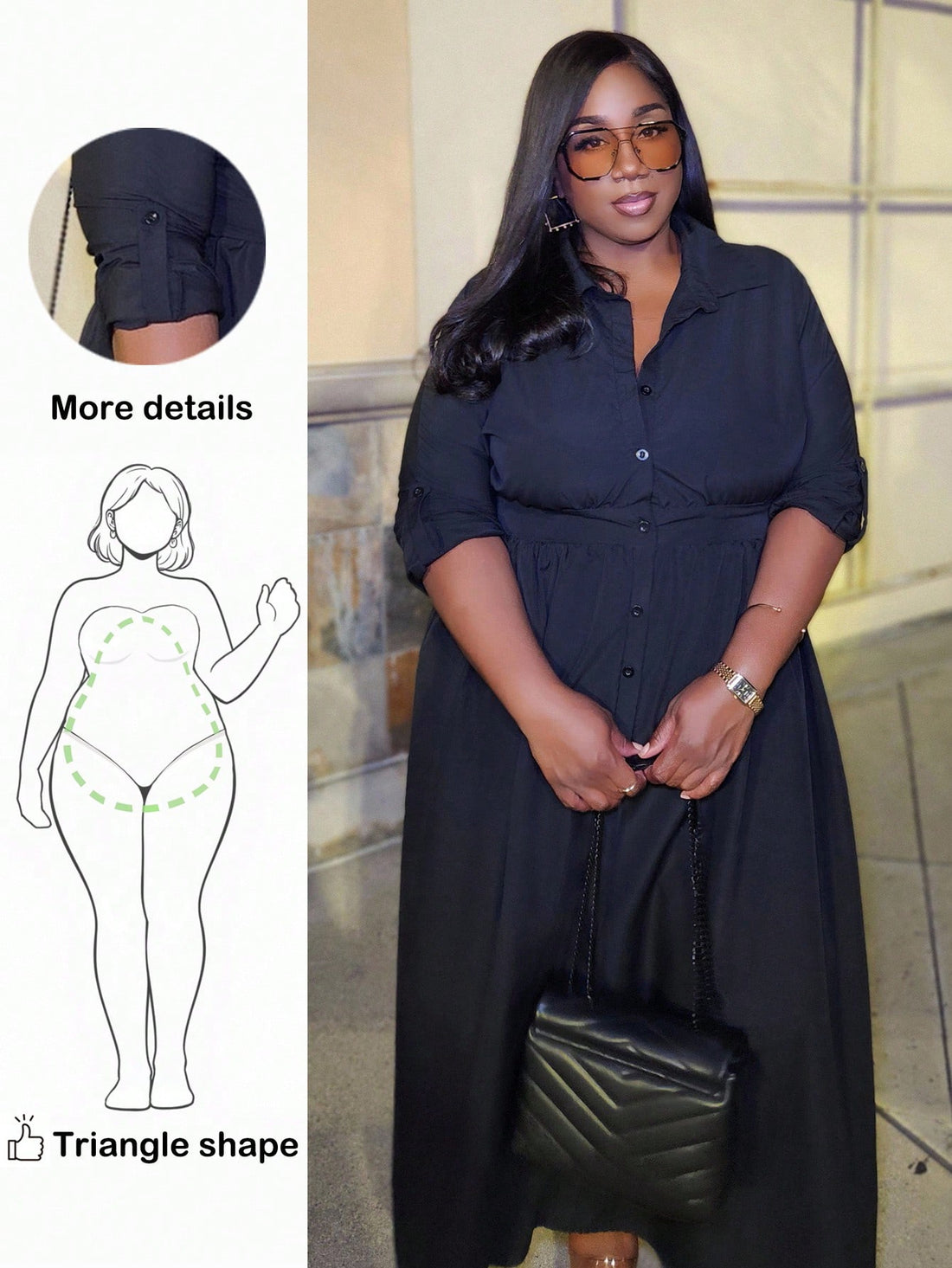 Embrace your curves with confidence in this fabulous plus-size dress designed specifically for pear-shaped figures! The cinched waist creates a gorgeous silhouette by highlighting your narrowest point, while the flowing long sleeves add an effortless touch of elegance. Available in timeless solid colors, this casual dress transitions seamlessly from weekend errands to coffee dates. The thoughtful cut balances proportions beautifully, giving you a flattering fit that celebrates your unique shape. Comfort mee