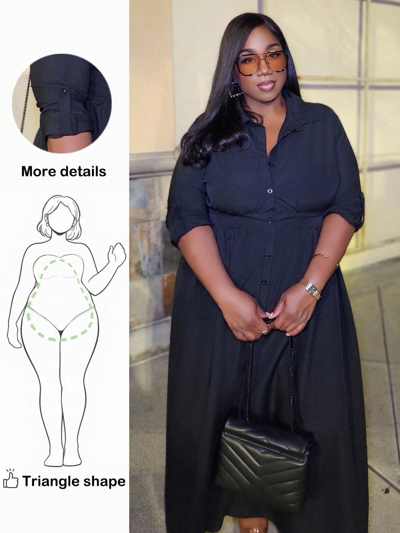 Embrace your curves with confidence in this fabulous plus-size dress designed specifically for pear-shaped figures! The cinched waist creates a gorgeous silhouette by highlighting your narrowest point, while the flowing long sleeves add an effortless touch of elegance. Available in timeless solid colors, this casual dress transitions seamlessly from weekend errands to coffee dates. The thoughtful cut balances proportions beautifully, giving you a flattering fit that celebrates your unique shape. Comfort mee