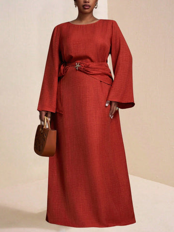 Step out in style and comfort with this playful plus size casual dress. Featuring a flattering round neck and dreamy bell sleeves, it adds a fun twist to your everyday look. The side tie waist lets you create a perfect fit that hugs your curves just right. Made in a solid color, this dress is easy to mix and match for any casual outing or relaxed day. Embrace your shape with charm and ease!