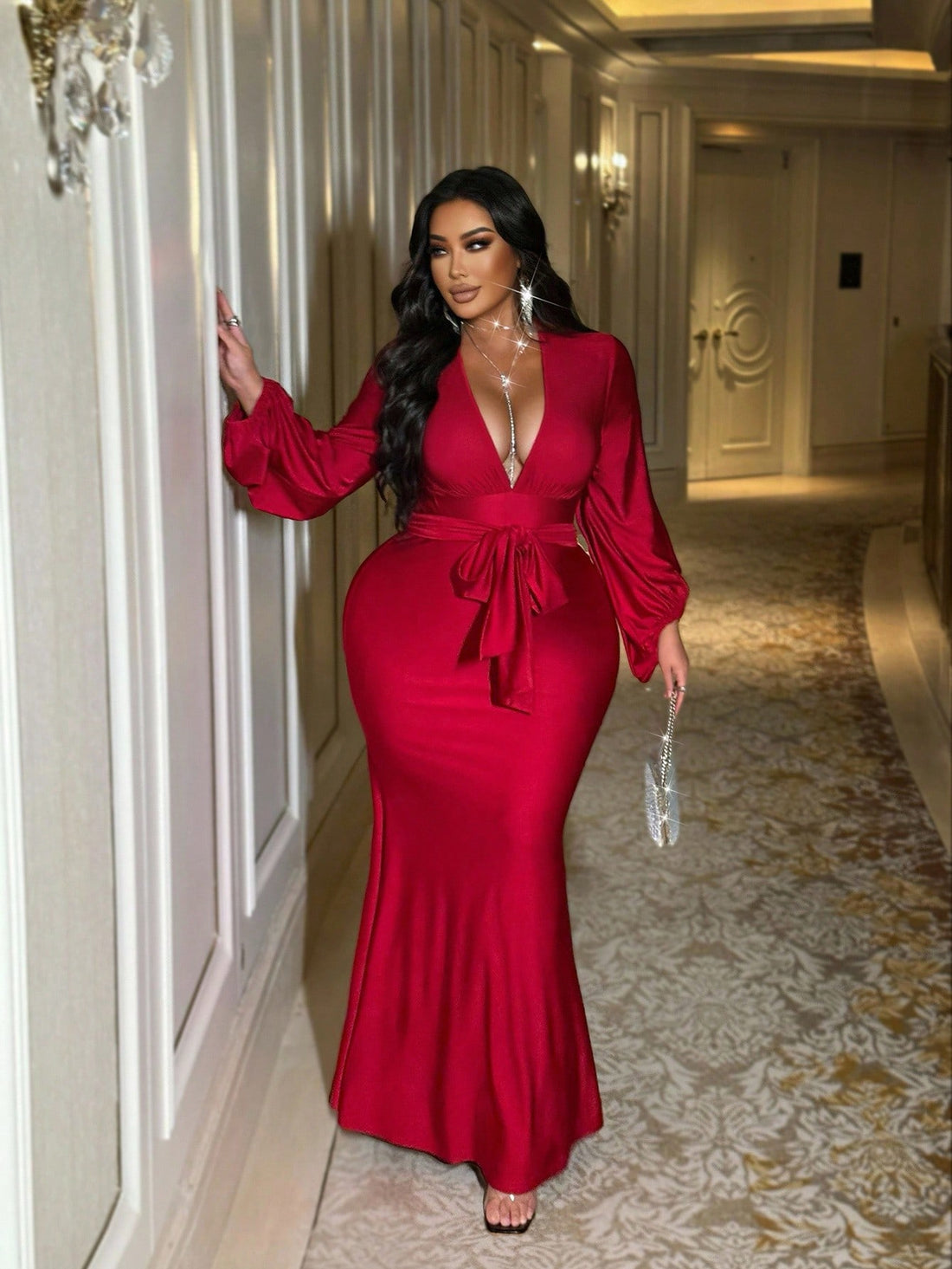 Celebrate the season in style with this playful plus size bodycon dress! Featuring charming ruffle details, a tie neckline, and trendy lantern sleeves, it adds a fun twist to your autumn and winter wardrobe. The solid color design ensures a sleek, flattering fit, perfect for festive gatherings or cozy nights out. Feel confident and comfortable while turning heads wherever you go!