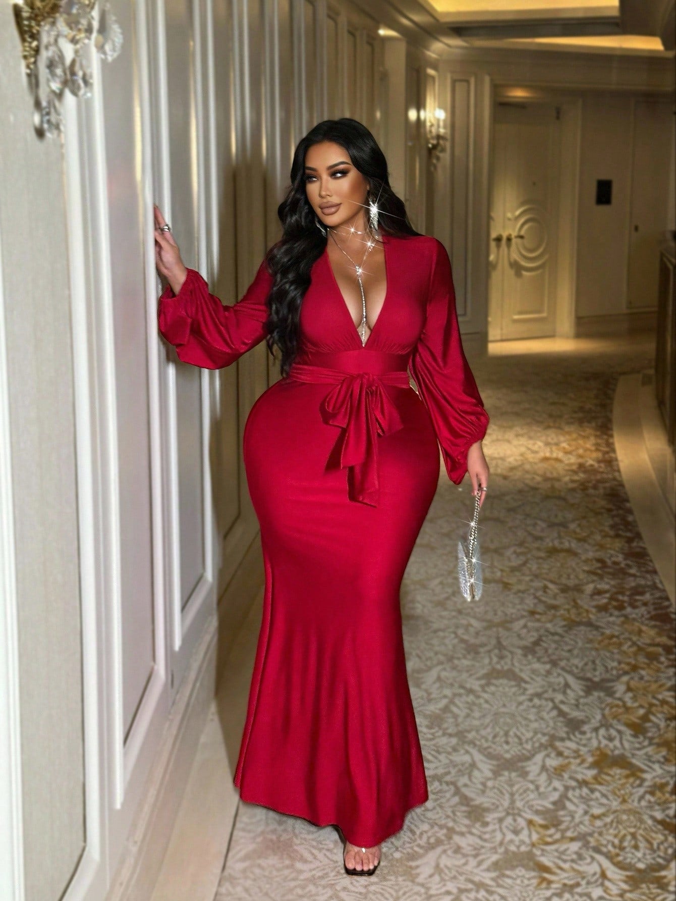 Celebrate the season in style with this playful plus size bodycon dress! Featuring charming ruffle details, a tie neckline, and trendy lantern sleeves, it adds a fun twist to your autumn and winter wardrobe. The solid color design ensures a sleek, flattering fit, perfect for festive gatherings or cozy nights out. Feel confident and comfortable while turning heads wherever you go!