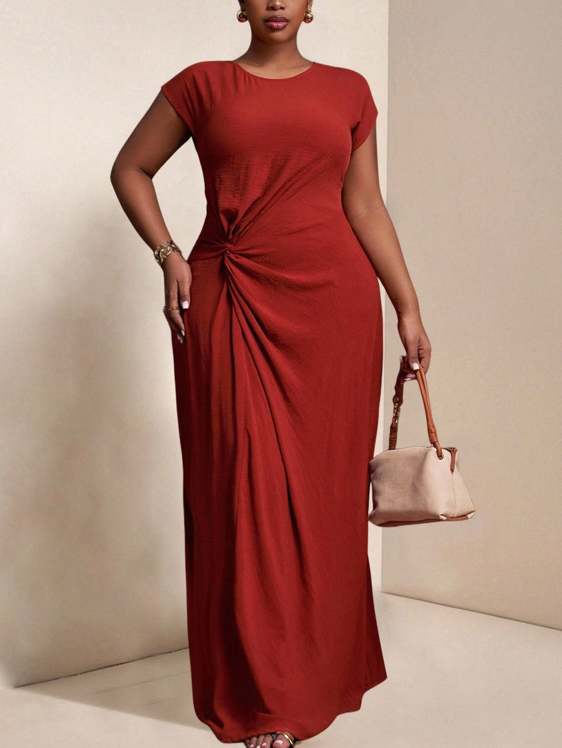 Embrace effortless style with this plus size casual dress featuring a playful twist waist that highlights your curves. The batwing sleeves add a breezy, comfortable feel while keeping your look chic and fun. Perfect for those days when comfort meets confidence in one flattering, solid color design.
