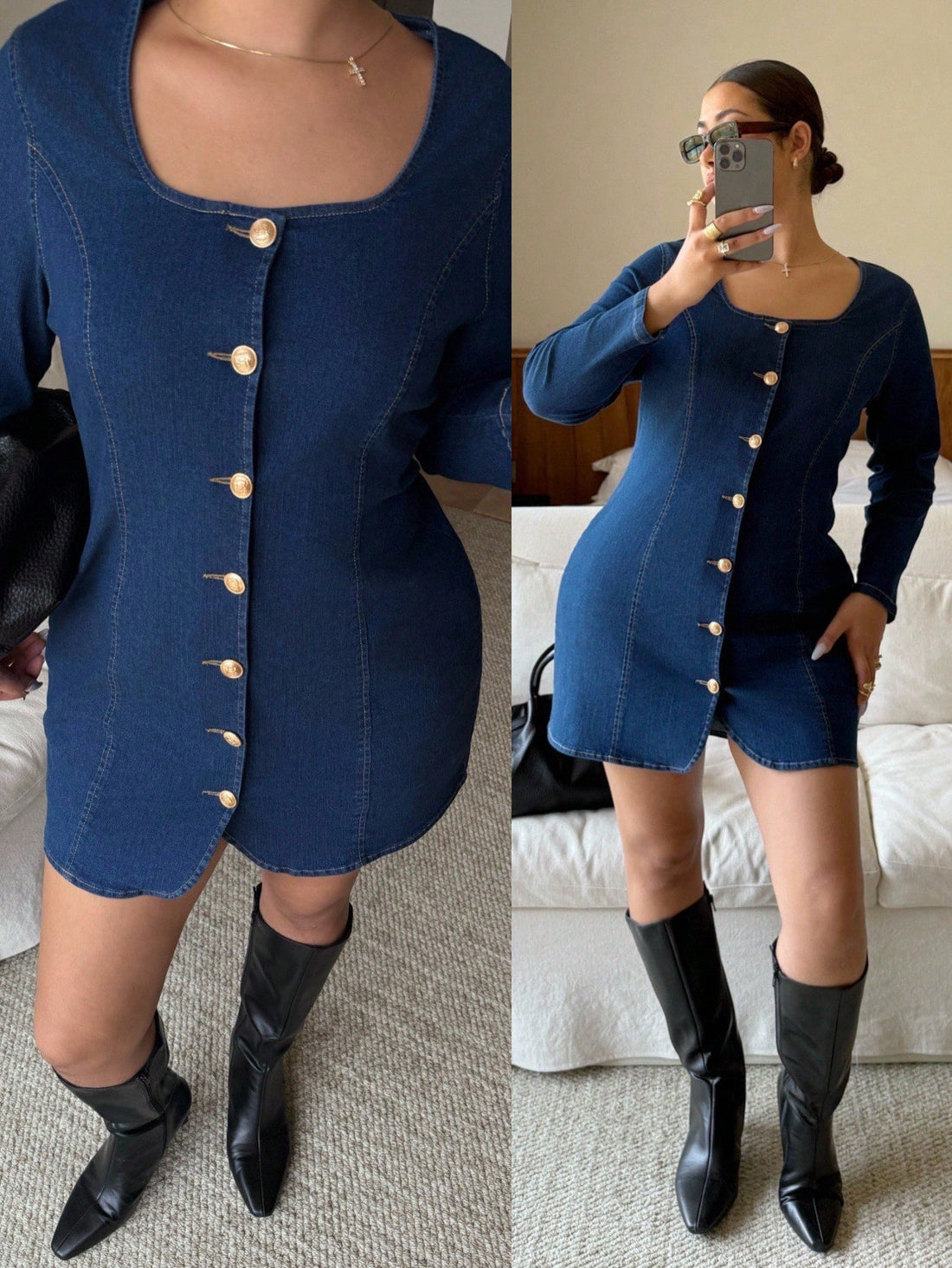 Rock that denim with confidence in this plus-size square neck dress that's equal parts chic and comfy. The long sleeves and timeless denim fabric make it perfect for layering through any season, while the flattering square neckline adds a touch of modern elegance. Whether you're dressing it up with heels or keeping it casual with sneakers, this versatile piece works hard to keep you looking fabulous all day long. Because style has no size limit—and neither should your wardrobe!